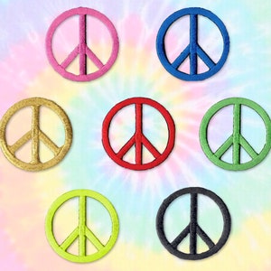May include: Seven peace sign patches in different colors: pink, gold, red, green, light green, black, and blue. The patches are all the same size and shape, and they are all embroidered with a peace sign.