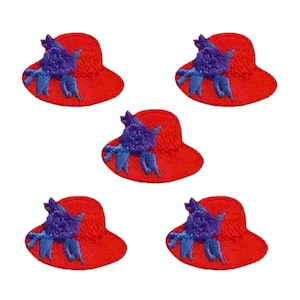 May include: Five identical embroidered patches, each featuring a bright red hat with a wide brim and a textured crown. A dark purple, fuzzy, flower-like embellishment is attached to the side of each red hat, adding a distinct contrast.