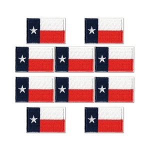 May include: Ten rectangular embroidered patches featuring the Texas state flag design. Each patch displays a vertical blue stripe on the left with a single white star, followed by horizontal white and red stripes on the right side.