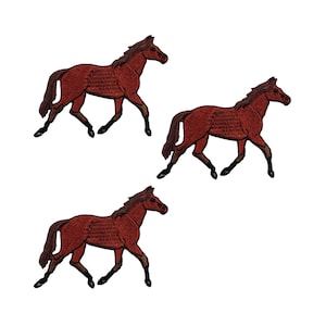 May include: Three identical embroidered patches, each depicting a brown horse in a trotting stance. The horses feature dark brown manes, tails, and lower legs, with detailed stitching that defines their muscular form and movement in profile.