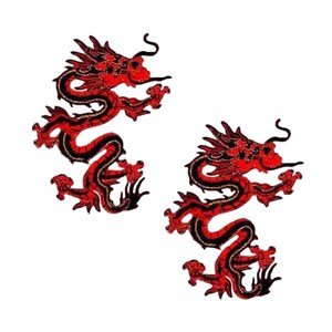 Rode en zwarte GROTE Aziatische draak geborduurd (2-pack) opstrijkbare patch - GRATIS VERZENDING