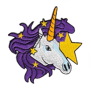 May include: An embroidered patch featuring a white unicorn head with a long orange horn, flowing purple mane, and several yellow stars. The unicorn has light blue shading on its face and a large yellow star positioned behind its head.