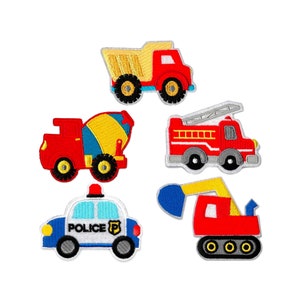 May include: Five iron-on patches featuring different vehicles: a red dump truck, a red cement mixer, a red fire truck, a blue and red construction crane, and a blue and white police car. Each patch has embroidered details and is perfect for adding a fun touch to clothing or accessories.