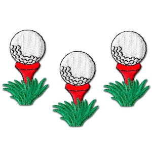 Pode incluir: Três patches bordados para passar a ferro que representam uma bola de golfe branca em um tee vermelho com grama verde.