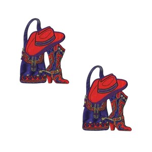 May include: Two embroidered patches featuring a red cowboy hat, a blue purse, and a brown cowboy boot. The patches are perfect for adding a touch of Western flair to your projects.