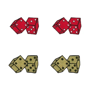 May include: Four embroidered patches featuring pairs of dice. Two patches show red dice with white pips, and two patches show olive green dice with black pips. Each patch depicts two six-sided dice angled together with visible stitching details.