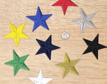 Parches de estrellas de 3", apliques de estrellas bordados para planchar de tres pulgadas disponibles (paquete de 5) Material de parche de alta calidad. ¡Excelente para insignias de nivel!