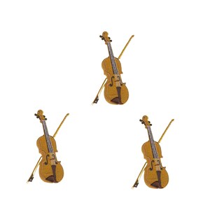 May include: Three brown wooden violins with strings and bows. The violins are arranged in a triangular pattern.