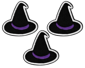 May include: Three embroidered patches shaped like witch hats. Each hat is black with a purple band around the base and a white stitched border outlining the entire shape. The patches are arranged in a triangular formation against a white background.