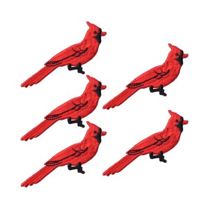 Red Cardinal Patches (5-Pack) Bird Embroidered Iron on Patch Appliques - FREE SHIPPING