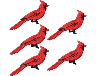 Red Cardinal Patches (5-Pack) Bird Embroidered Iron on Patch Appliques - FREE SHIPPING