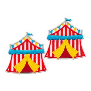 May include: Two embroidered patches shaped like circus tents. Each tent features vertical red and white stripes, a scalloped blue trim, a yellow open entrance, and a row of small blue and yellow triangular pennants along the top roof edge.