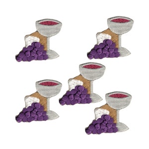 May include: Five embroidered iron-on patches depicting the Christian symbols of a chalice, bread, and grapes. The chalice is filled with red wine, the bread is white, and the grapes are purple.