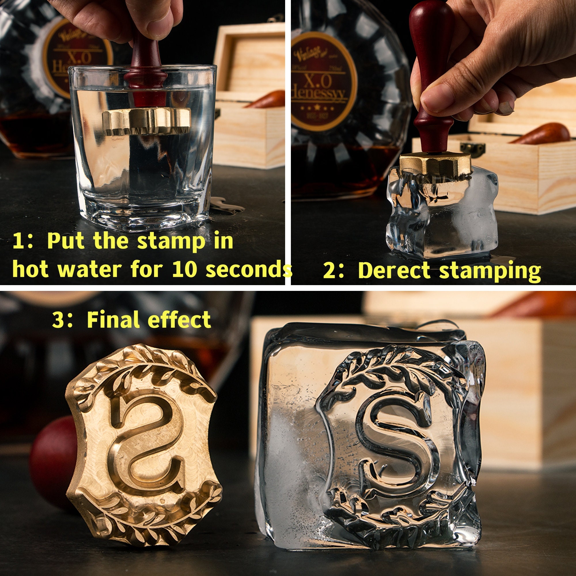 CRASPIRE 1.2 Ice Stamp Custom Ice Cube Stamp Personalized Logo Text Brass  Ice Stamp with Removable Brass Stamp Head and Wood Handle Vintage Ice Stamp