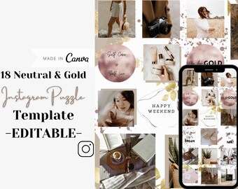 18 Neutral & Gold Instagram Puzzle Template | Editable with Canva | Instagram Template | Business Template | Social Media Template | Simple