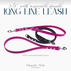 May include: A 5/8 inch long line leash with a removable handle, featuring bright pink and dark gray straps secured with silver metal rivets and swivel snap hooks. The text reads: 5/8 inch with removable handle LONG LINE LEASH with two removable handle options.