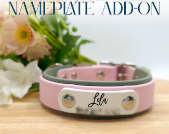 May include: A pink and olive green pet collar featuring a white rectangular nameplate attached with two silver metal rivets. The nameplate is printed with the name Lola in a black script font and includes additional blurred text below it.