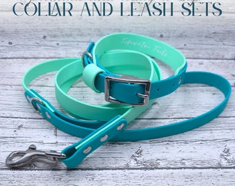 May include: A teal and mint green pet collar and leash set with silver-toned metal hardware. The collar features a buckle and the leash includes a swivel snap hook. Text on the image reads: premade and ready-to-ship COLLAR AND LEASH SETS.