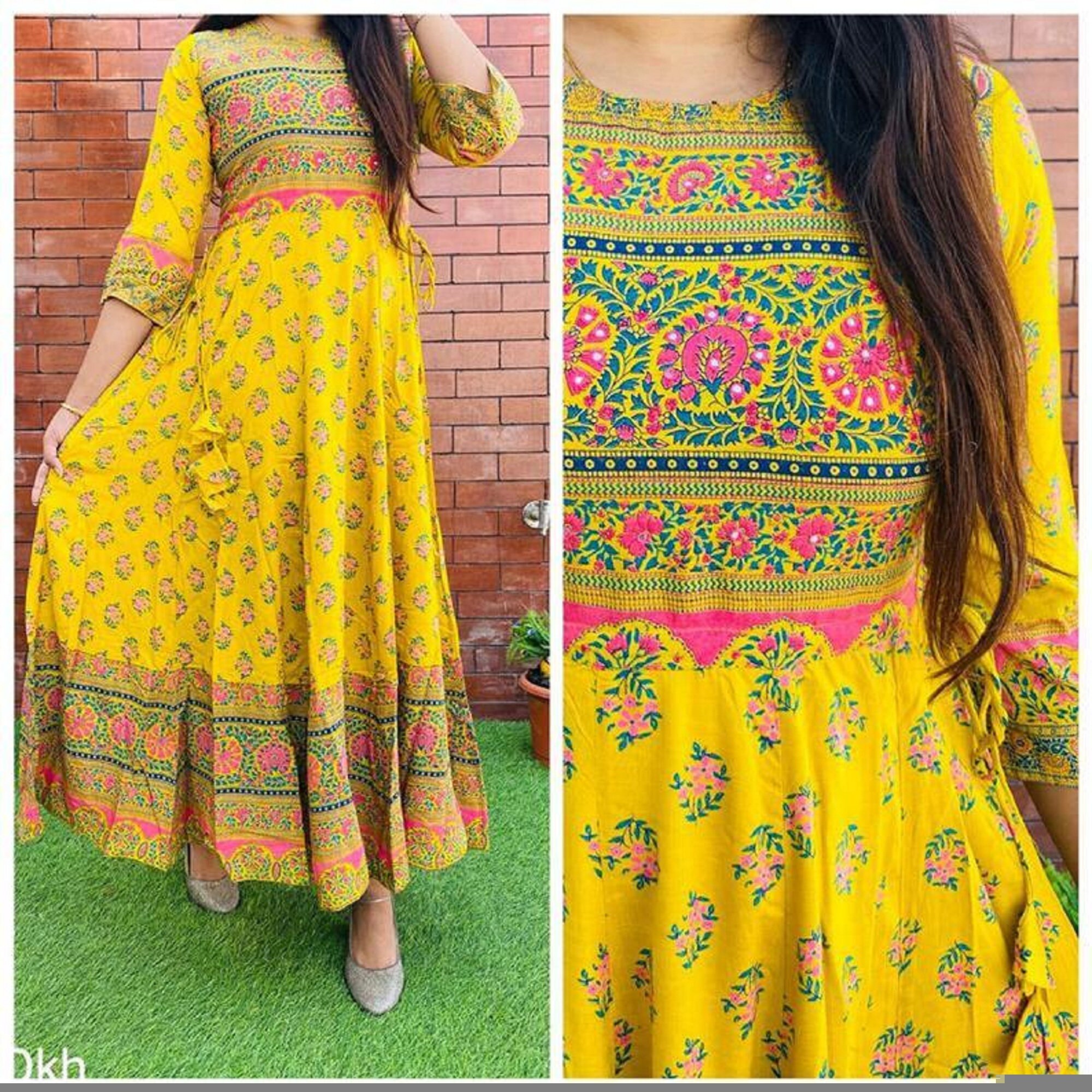 Indian Traditional Designer Rayon Printed Anarkali Long Kurta With Tassels Dress Set Gift For Her EXPRESS SHIPPING Special For WomenGirls