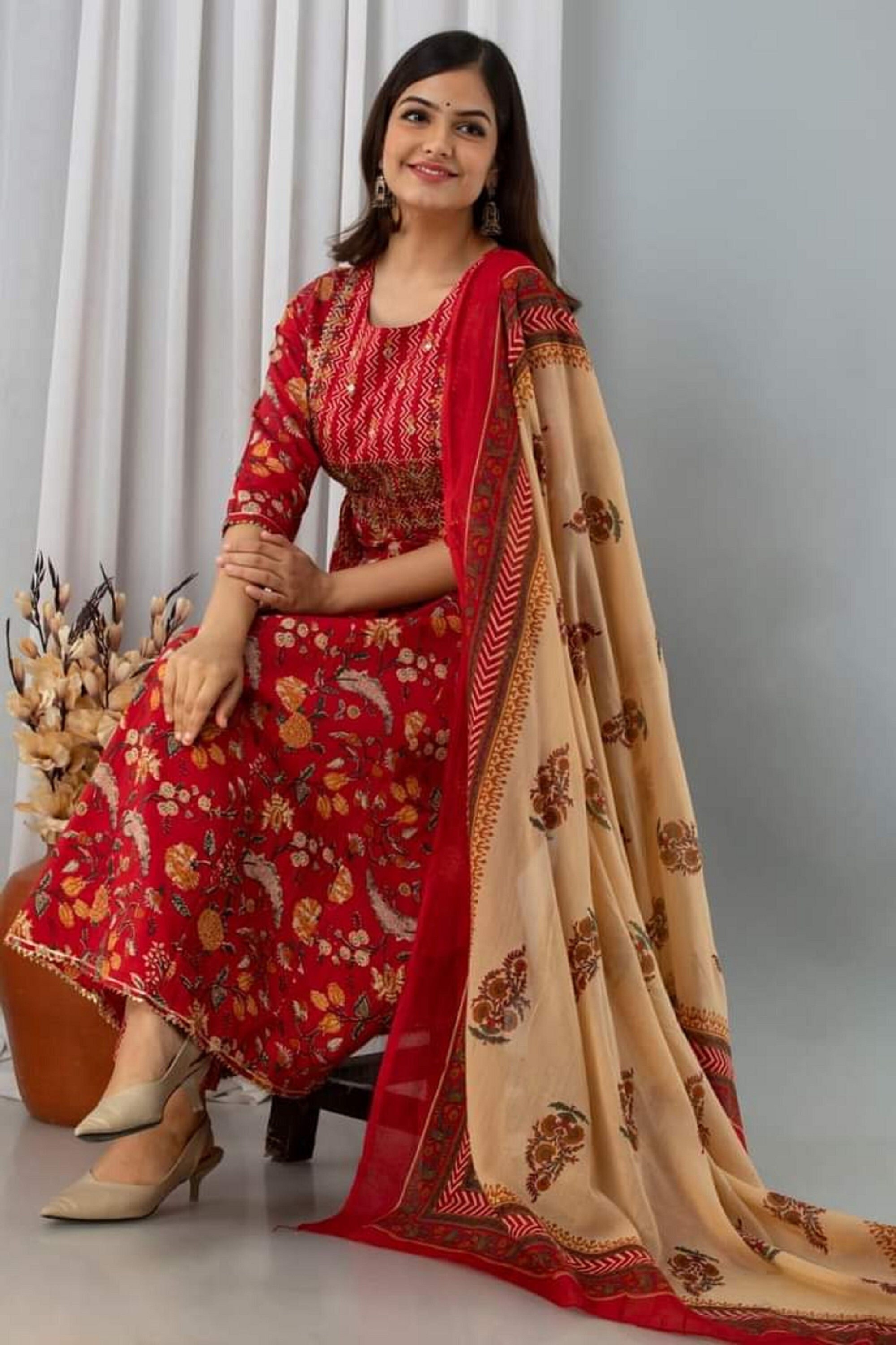 Indian Reyon kurti pant with beautiful Gold Print Chanderi Dupatta,Women Dress Set,Special price For 2 or more orders with DHL shipping