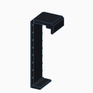 May include: Black plastic corner shelf bracket with a flat top and a vertical support. The bracket has a lip on the bottom and a small lip on the side.