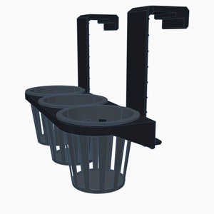 May include: A black metal plant hanger with three round, black, wire baskets. The hanger has two hooks for hanging.