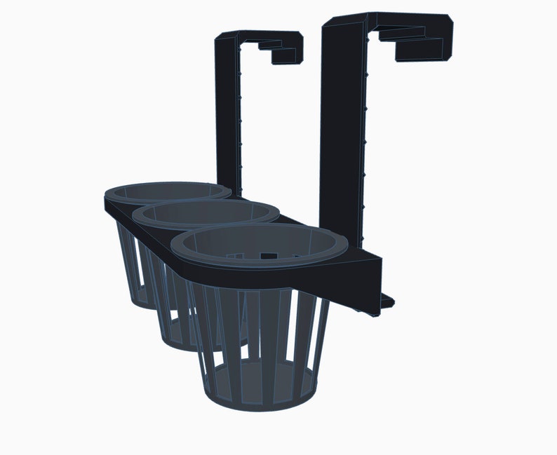 May include: A black metal plant hanger with three round, black, wire baskets. The hanger has two hooks for hanging.