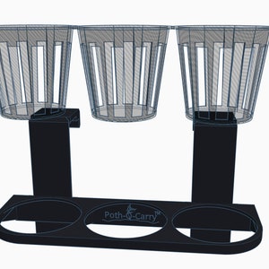 May include: Black plastic three-cup holder with the text "Poth-O-Carry&trade;" on the front. The holder has three clear plastic cups with a grid pattern.