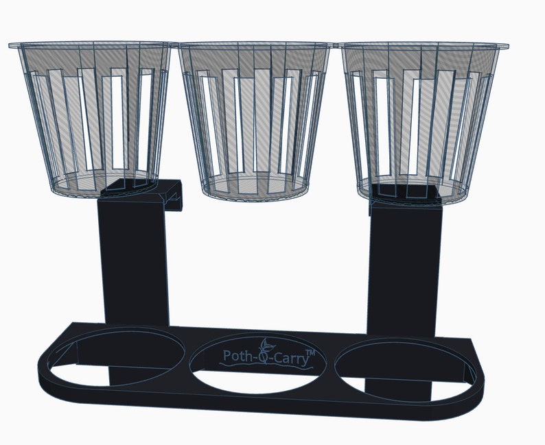May include: Black plastic three-cup holder with the text "Poth-O-Carry&trade;" on the front. The holder has three clear plastic cups with a grid pattern.