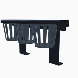 May include: A black metal cup holder with three wire cup holders. The cup holder is mounted to a wall or surface.