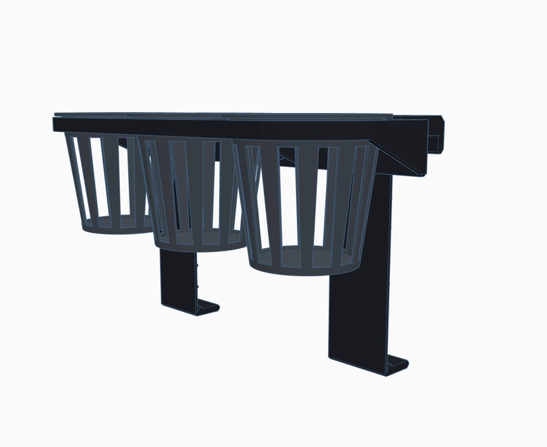 May include: A black metal cup holder with three wire cup holders. The cup holder is mounted to a wall or surface.