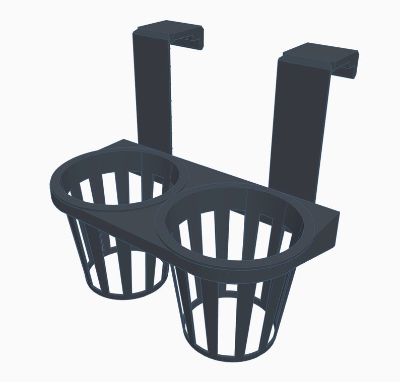 May include: A dark gray, over-the-door organizer with two round, slotted cup holders. The organizer has two hooks for hanging and is designed to hold items. The design is simple and functional.
