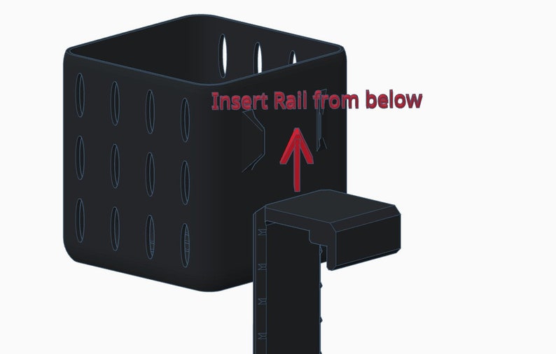 May include: A black, square container with oval cutouts and a separate, rectangular piece. The text "Insert Rail from below" is above a red arrow pointing upwards, indicating assembly instructions. The design appears to be for a storage or organizational product.