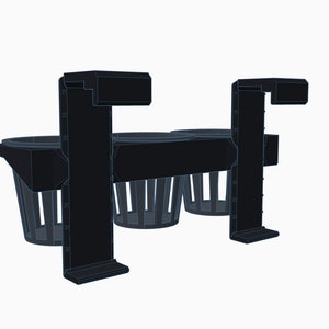 May include: Black plastic plant pot holder with three round pots. The holder has two vertical supports with clips at the top.