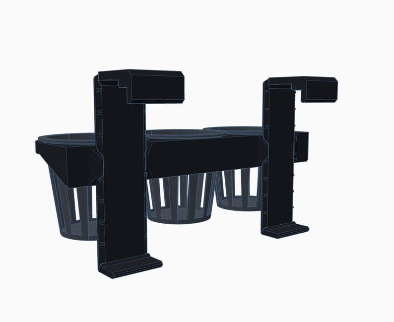 May include: Black plastic plant pot holder with three round pots. The holder has two vertical supports with clips at the top.