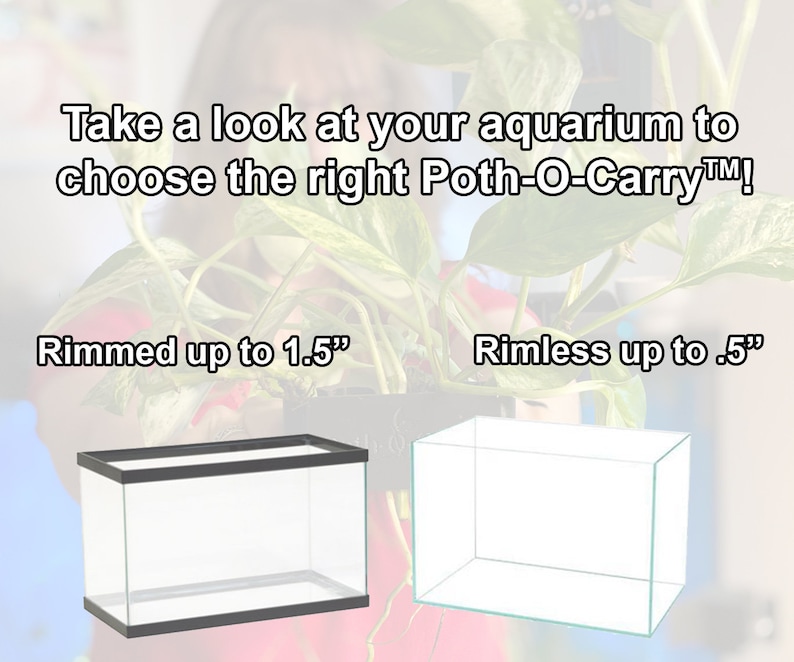 May include: An image comparing two glass aquarium tanks. One tank has a black rim and is labeled "Rimmed up to 1.5". The other tank is rimless and labeled "Rimless up to .5". Text above reads "Take a look at your aquarium to choose the right Poth-O-Carry&trade;!"