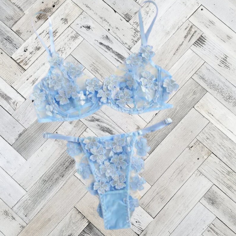 Baby Blue Lace Mesh Floral Lingerie Set  l CUSTOM SIZING AVAILABLE 