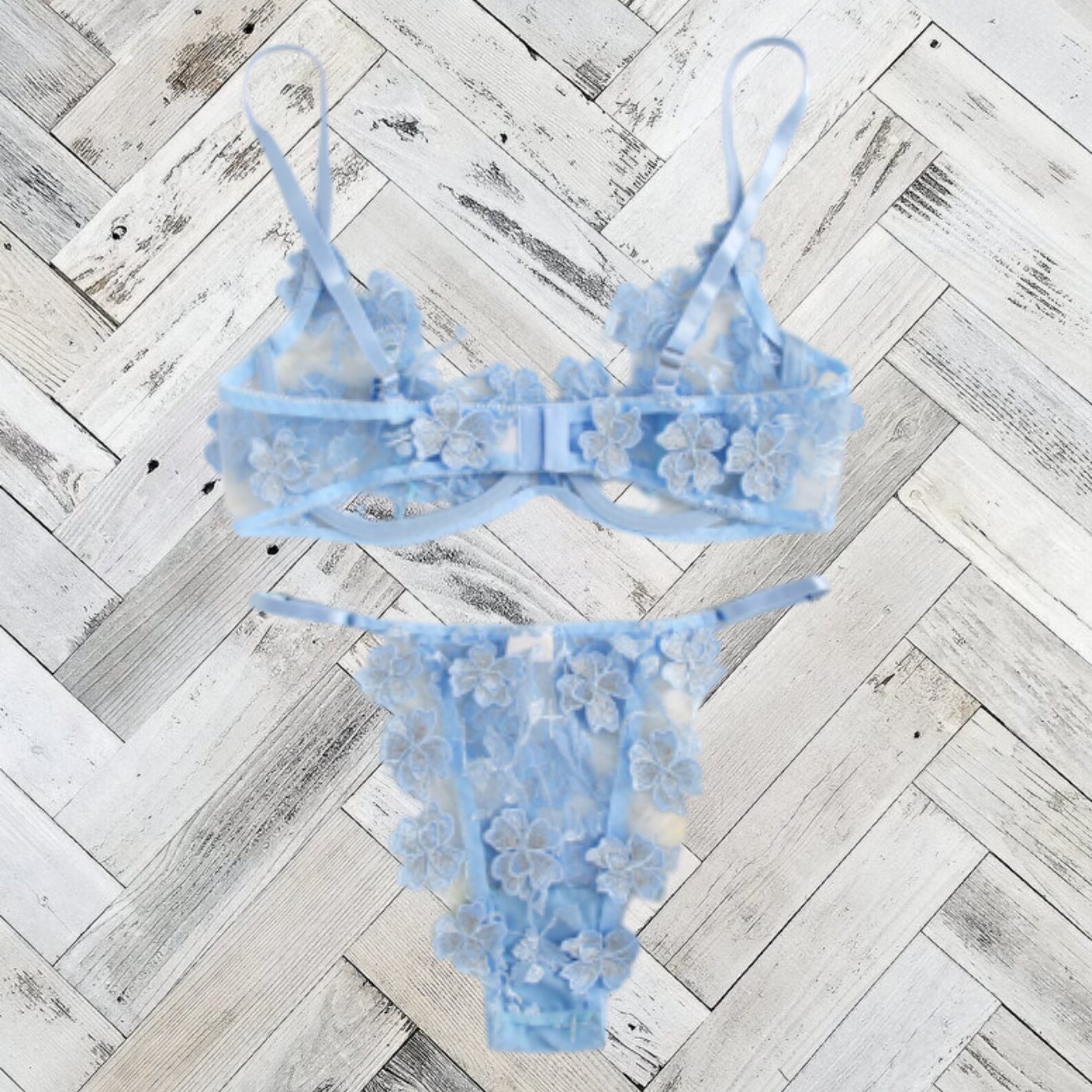 Baby Blue Lace Mesh Floral Lingerie Set Etsy