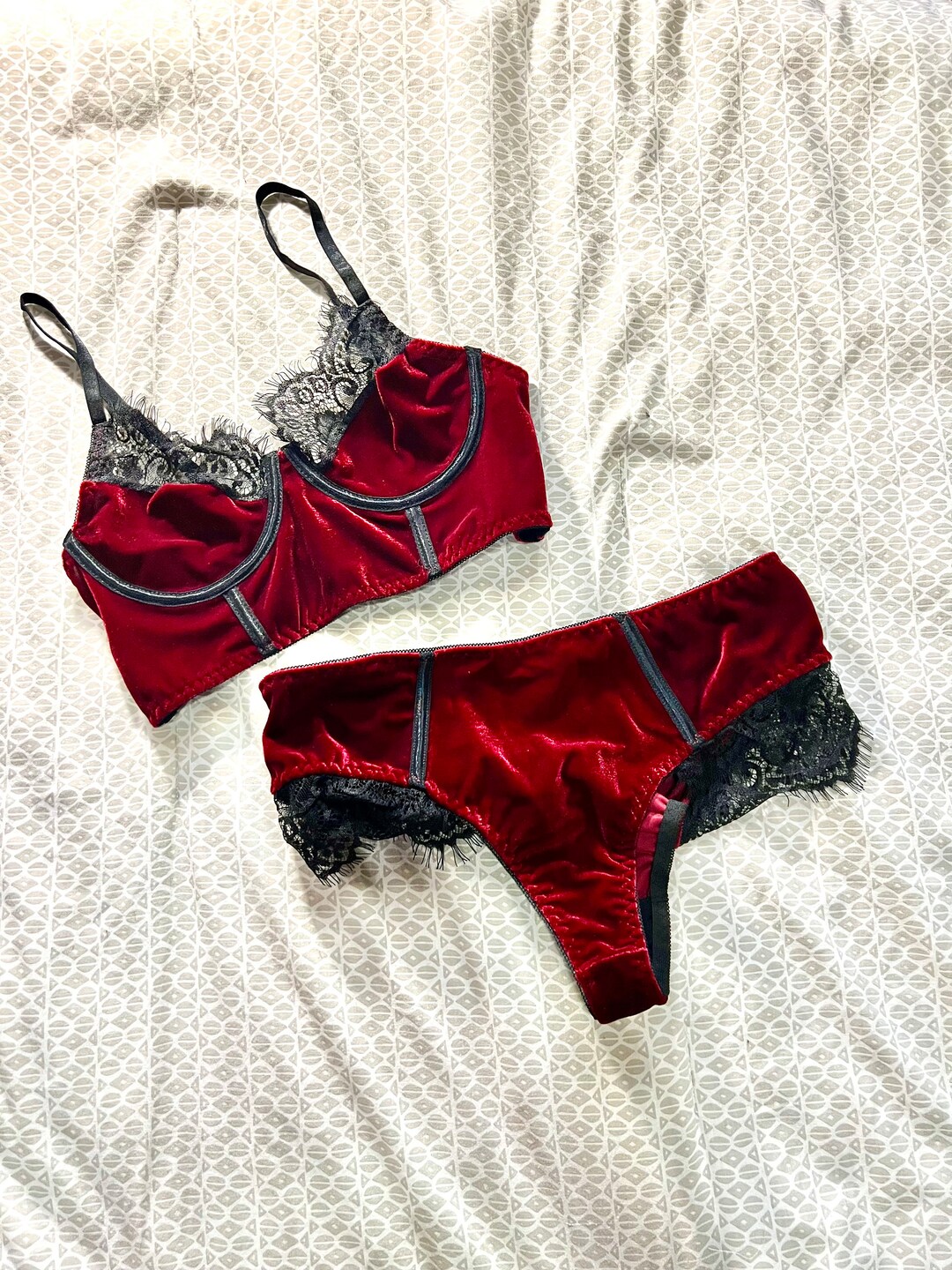 Velvet Luxe Burgundy Red Maroon Velvet & Eyelash Black Lace Bralette Bra and Panty Lingerie Set l CUSTOM SIZING AVAILABLE l Wife, Girlfriend