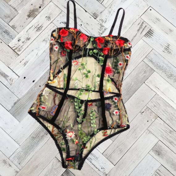 Sexy Body Shaper Black Mesh Embroidered Floral Teddy Bodysuit