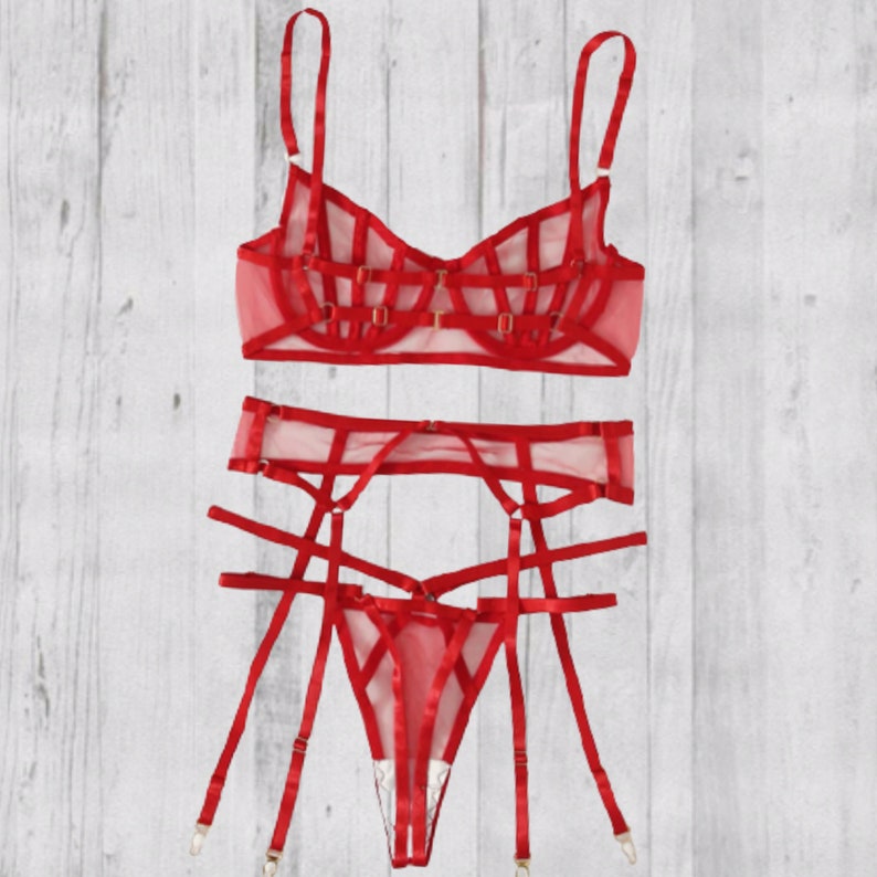 and Garter Set Red Sheer Cage Style Bra Thong Panty