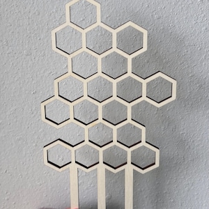 May include: Wooden honeycomb shaped plant stake with three wooden sticks. The stake is made of natural wood and has a light brown color.