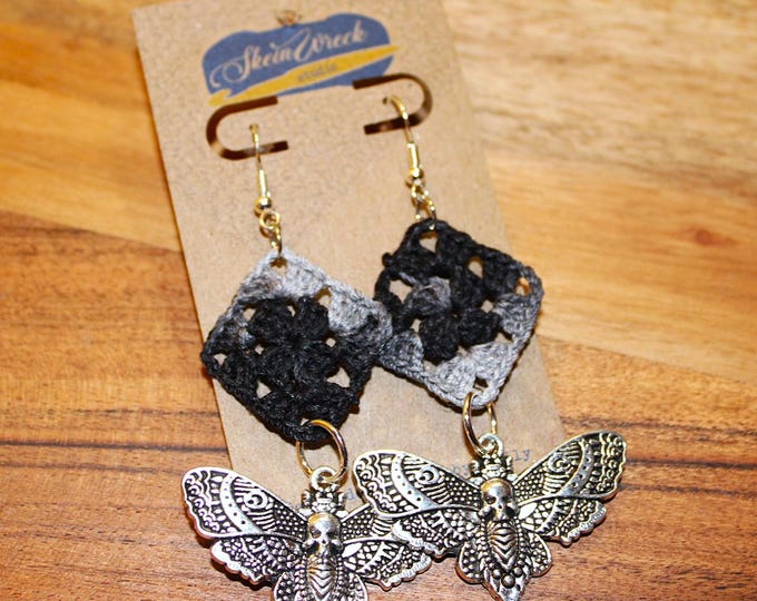Goth Moth Granny Crochet Earrings