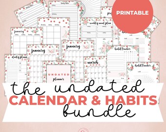 Calendarios sin fecha / Calendarios imprimibles florales en acuarela con inicio del domingo y inicio del lunes / Paquete imprimible de seguimiento de hábitos incluido