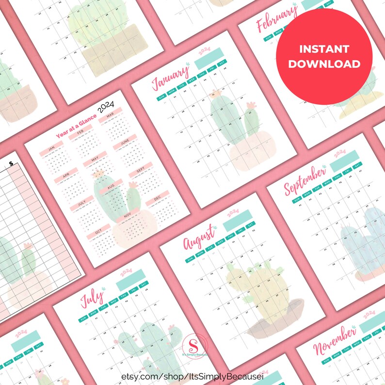 2024 Calendar Printable Cactus Pattern 2024 Monthly Calendar Daily