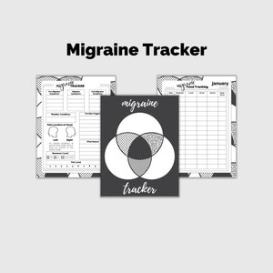 Könnte beinhalten: Schwarz-weißer druckbarer Migräne-Tracker mit einem Venn-Diagramm, das die Überschneidung verschiedener Migräne-Auslöser zeigt. Der Tracker enthält Abschnitte zur Verfolgung von Prä-Migräne-Symptomen, Migräne-Symptomen, Post-Migräne-Symptomen, Wetterbedingungen, möglichen Auslösern, Schmerzlokalisation, Menstruationszyklus, Schmerzintensität und Lebensmittelverfolgung.
