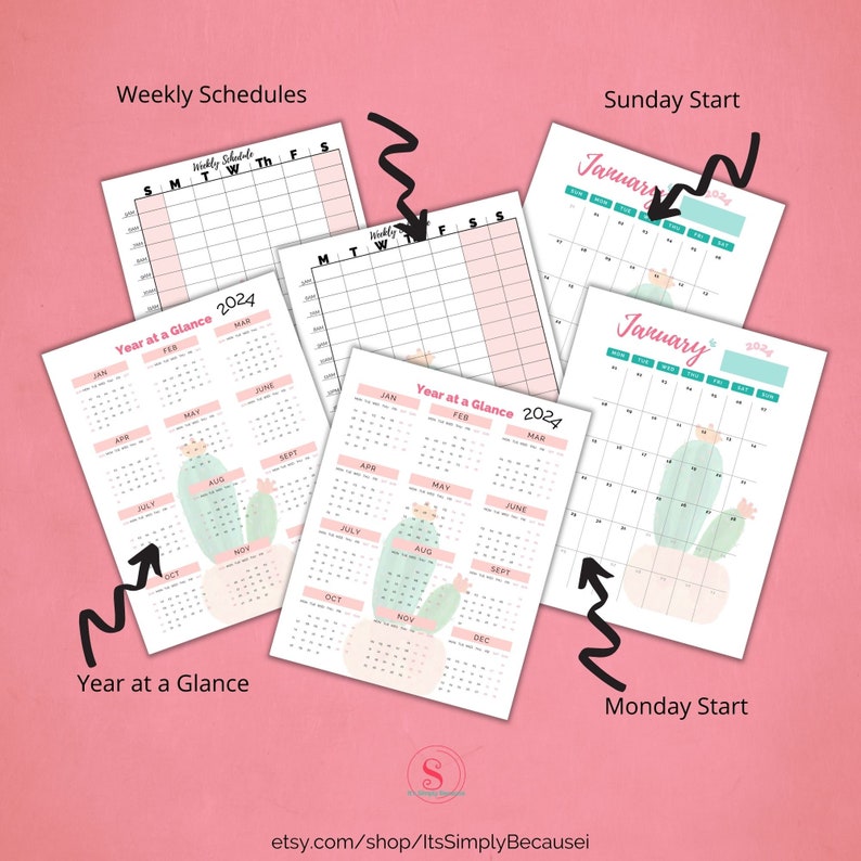 2024 Calendar Printable Cactus Pattern 2024 Monthly Calendar Daily