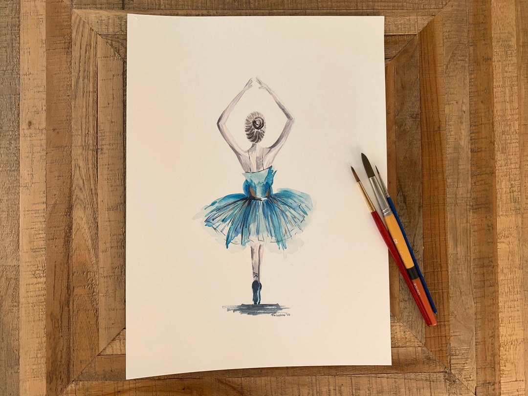 Original Hand Painted Watercolor Ballerina in Blue and Gold Tutu Art ...