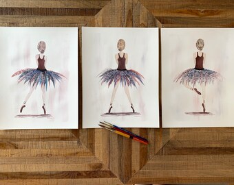 May include: Three watercolor paintings of a ballerina wearing a colorful tutu and a brown leotard. The ballerina is in different poses, with one painting showing the ballerina standing with her legs together, another showing the ballerina standing with her legs apart, and the third showing the ballerina standing on one leg.