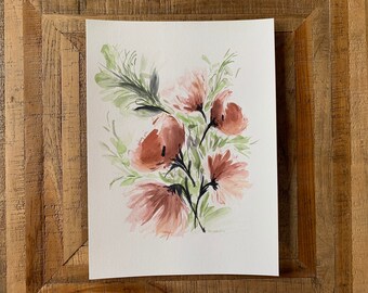 Original Watercolor Floral Painting, Red Loose Abstract Flowers, Handmade Painting, Red Floral Wall Art, 11"x14"